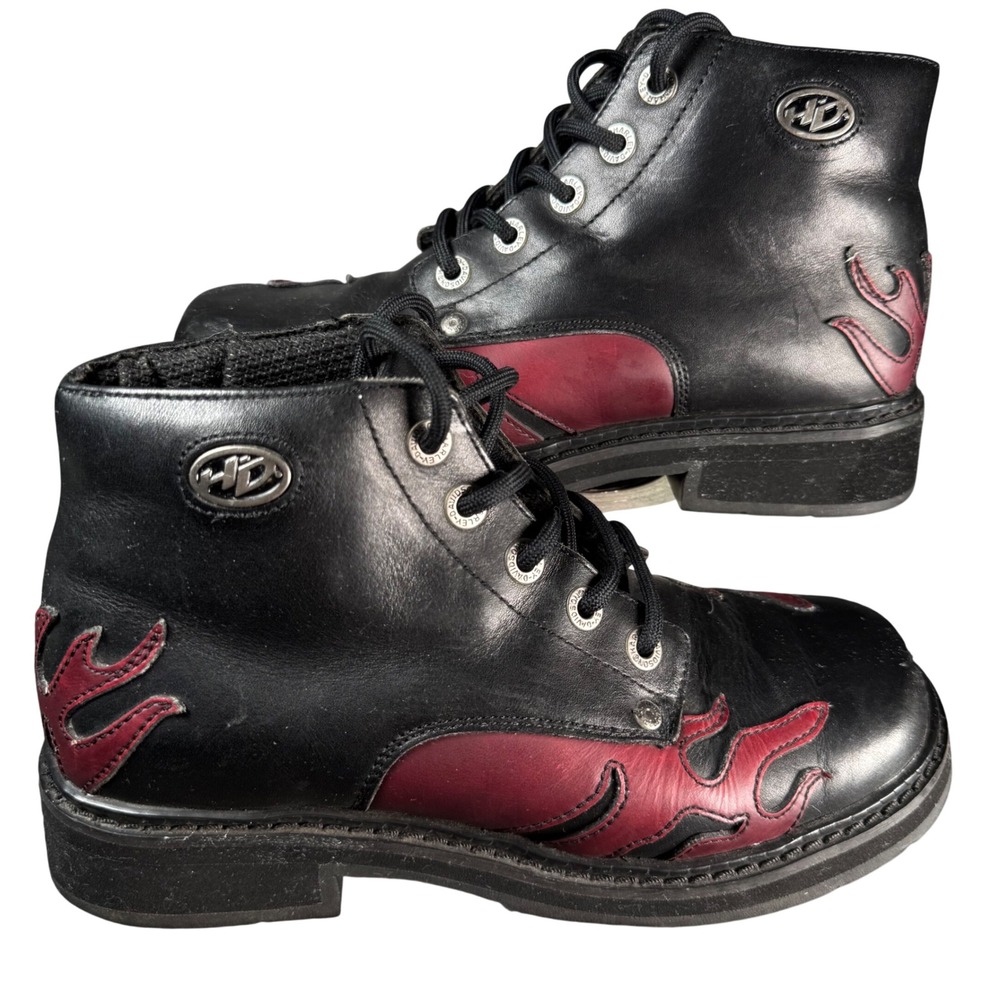 Harley-Davidson Flame Ankle Boots Women 7 Black Red Leather Vintage Biker Moto